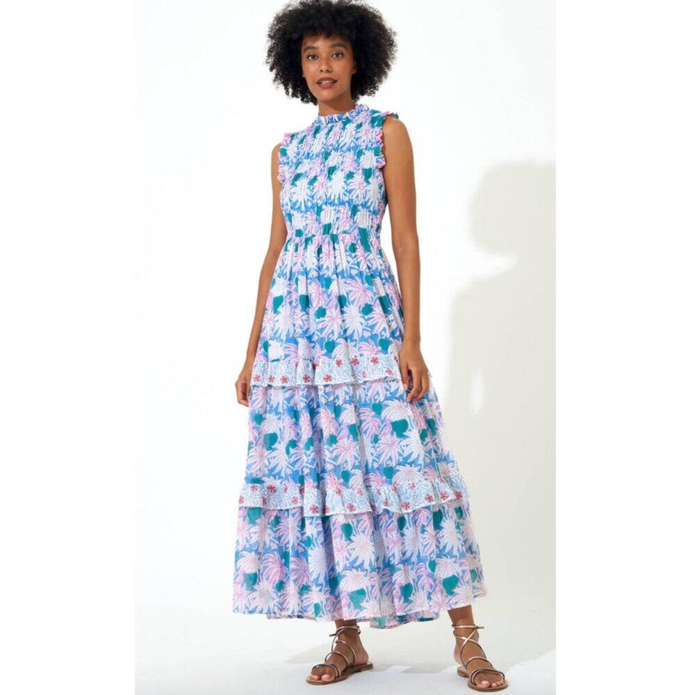 OLIPHANT Tuckernuck Cayman Blue Palm Block Print Sleeveless Smocked Maxi Dress